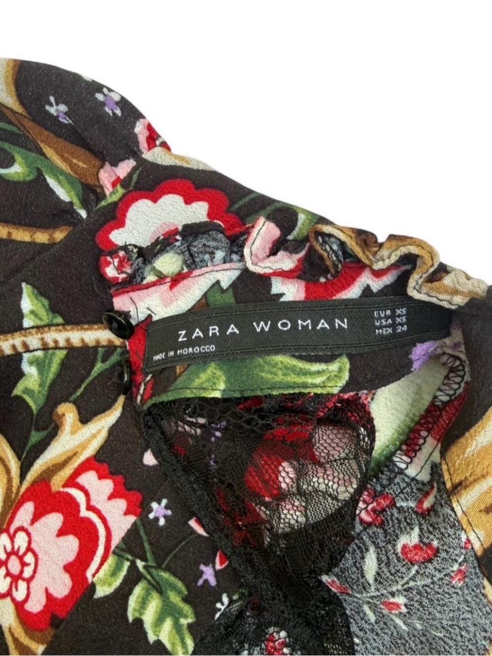 Zara Black Dress with Red & Pink Floral Print lace and ruffle details - Picture 3 of 8
